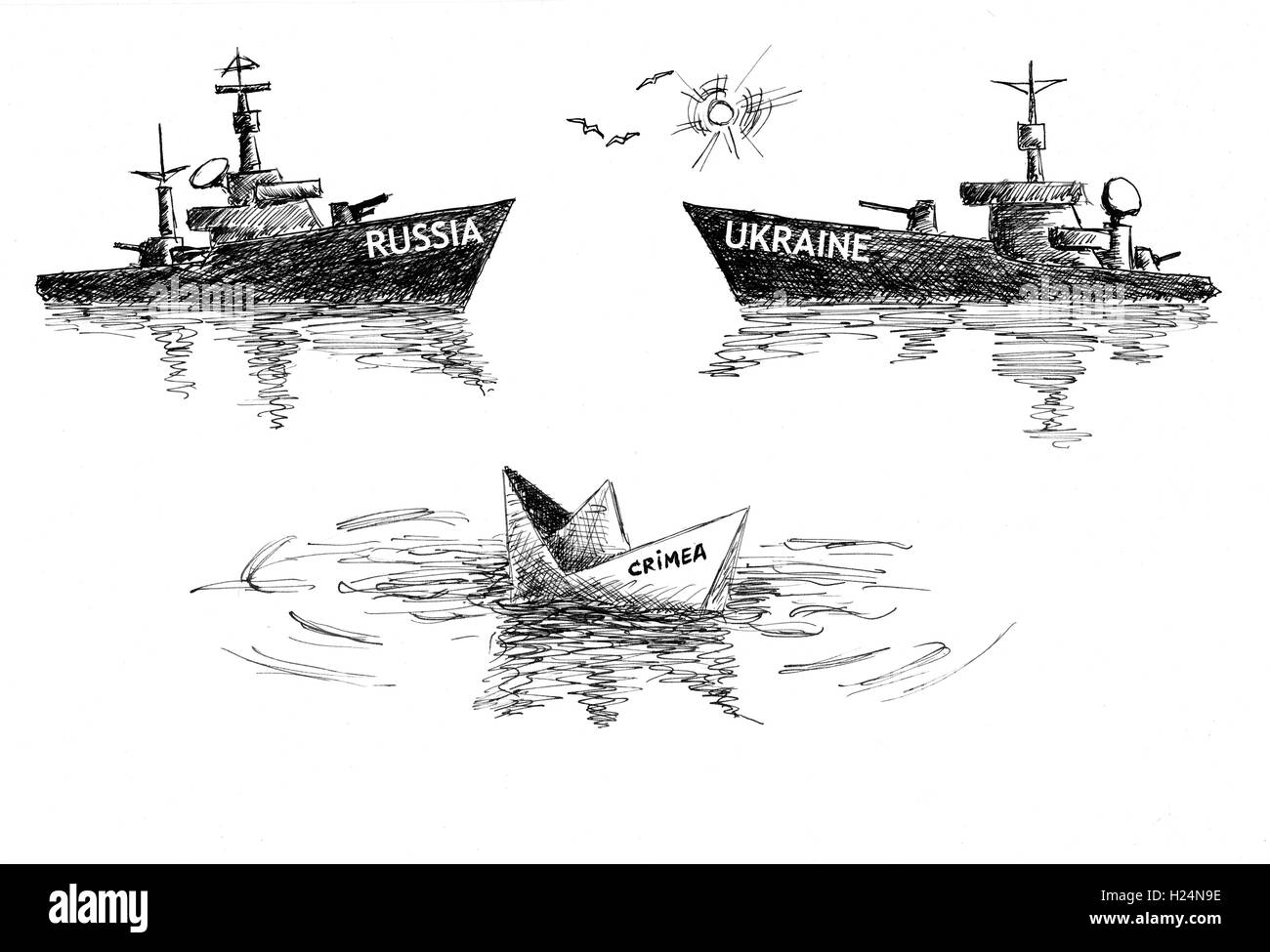 Krim zwischen Russland und der Ukraine. Hand gezeichnete Skizze mit Tinte und Feder auf Papier Stockfoto