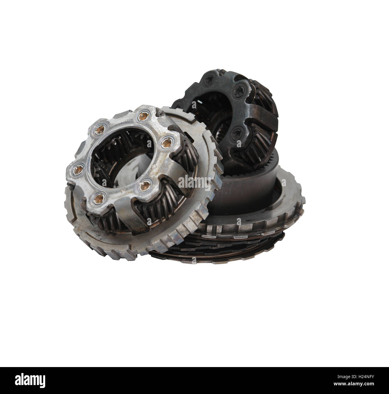 Engineering-Konzept. Zahnräder auf weißem Hintergrund. Clipping-Pfad ist im Preis inbegriffen Stockfoto