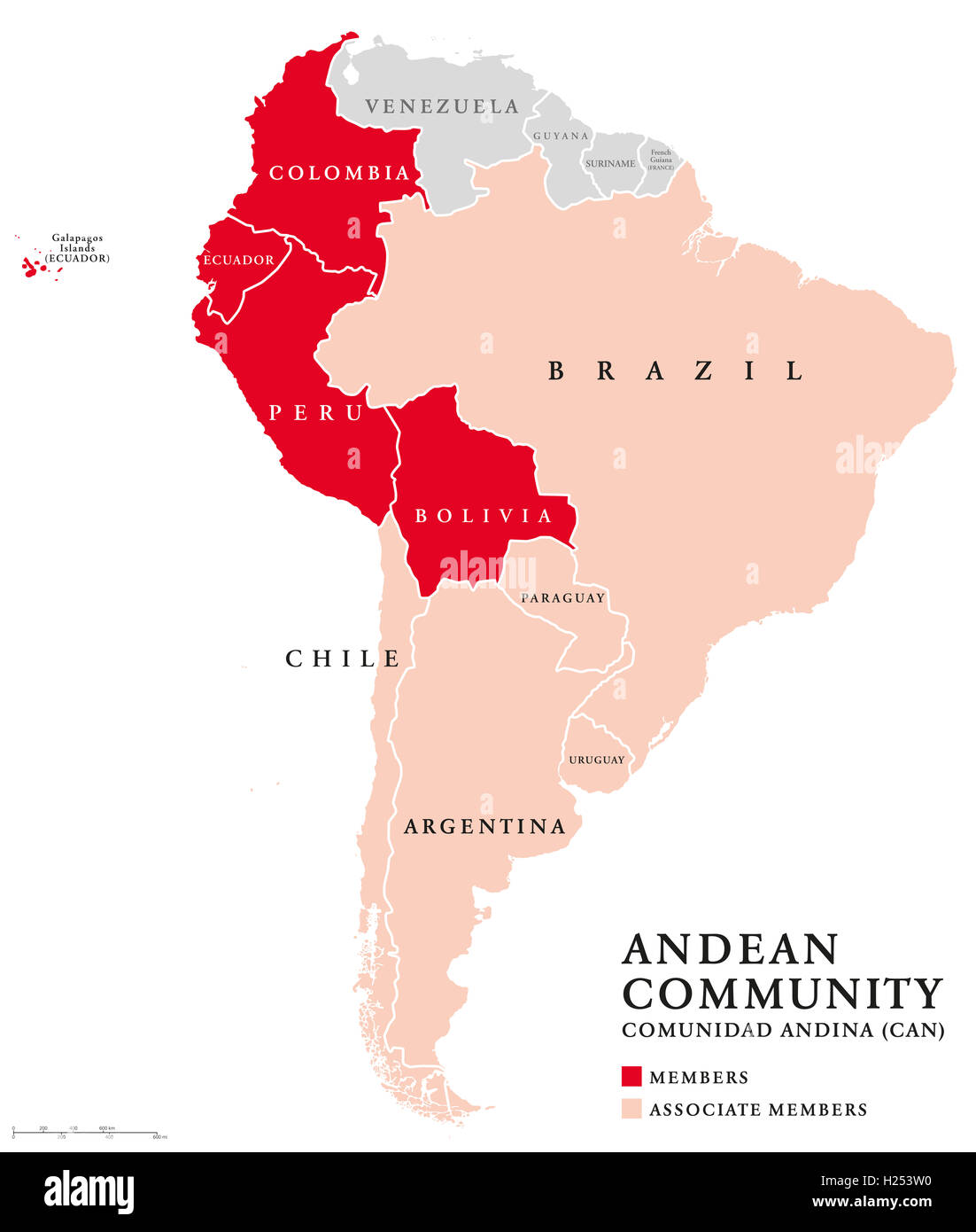 Andengemeinschaft Länder Karte, ein Handelsblock. Comunidad Andina, CAN. Stockfoto