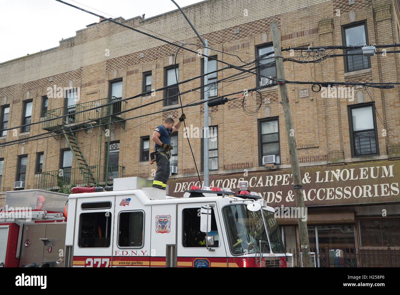 Ridgewood, USA, 24. Sept., NYFD ankommen und schneiden lose Kabel, Ridgewood, NYC, USA © Maximilian Benner/Alamy Live News Stockfoto