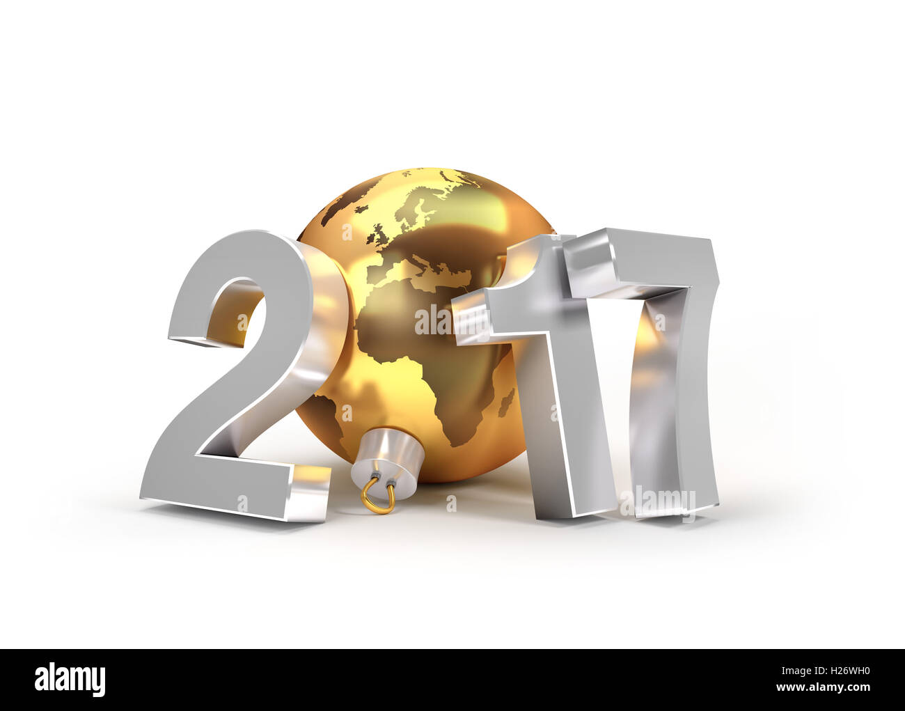 Neue Jahr 2017 Typ mit Planetenerde in eine goldene Weihnachtskugel - 3D-Illustration Stockfoto