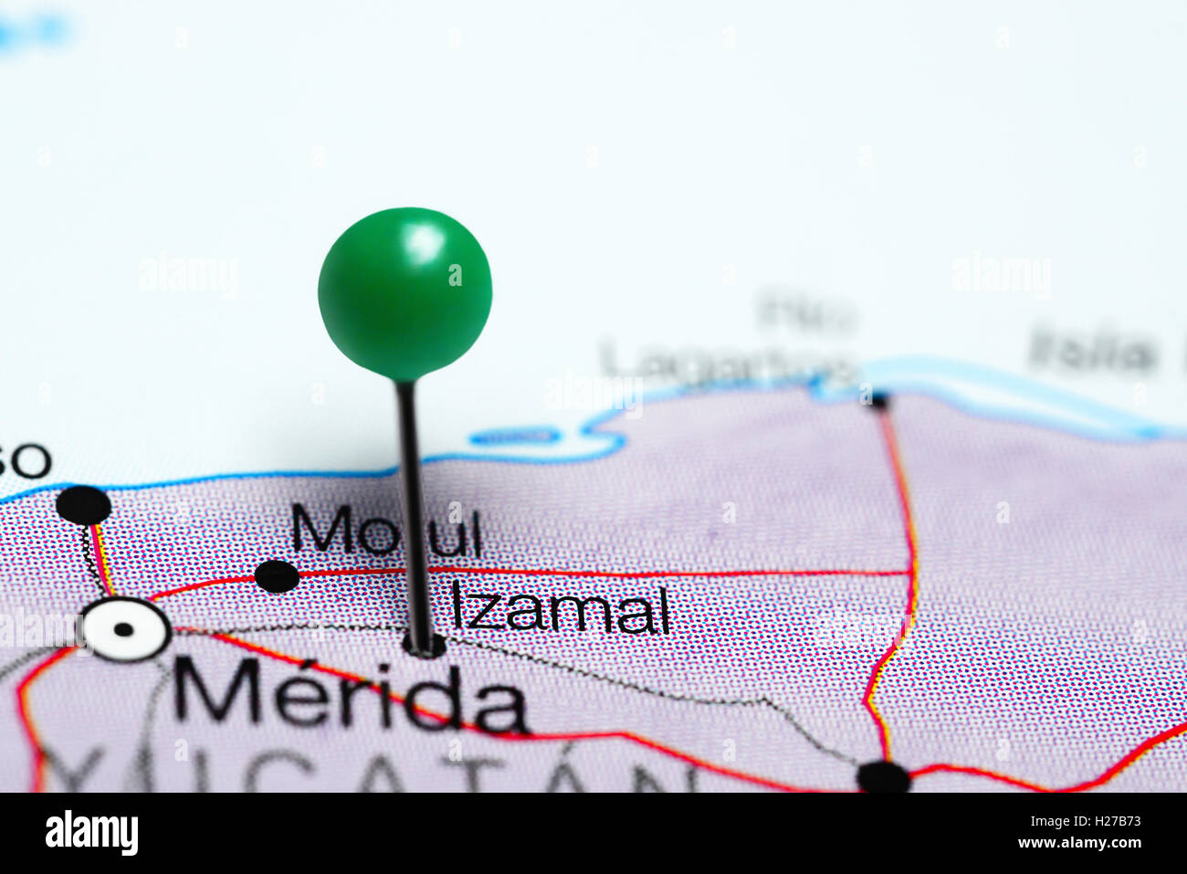 Izamal fixiert auf einer Karte von Mexiko Stockfoto