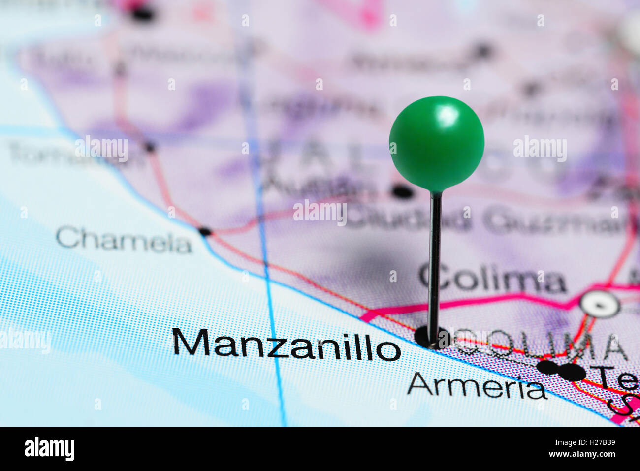 Manzanillo, fixiert auf einer Karte von Mexiko Stockfoto