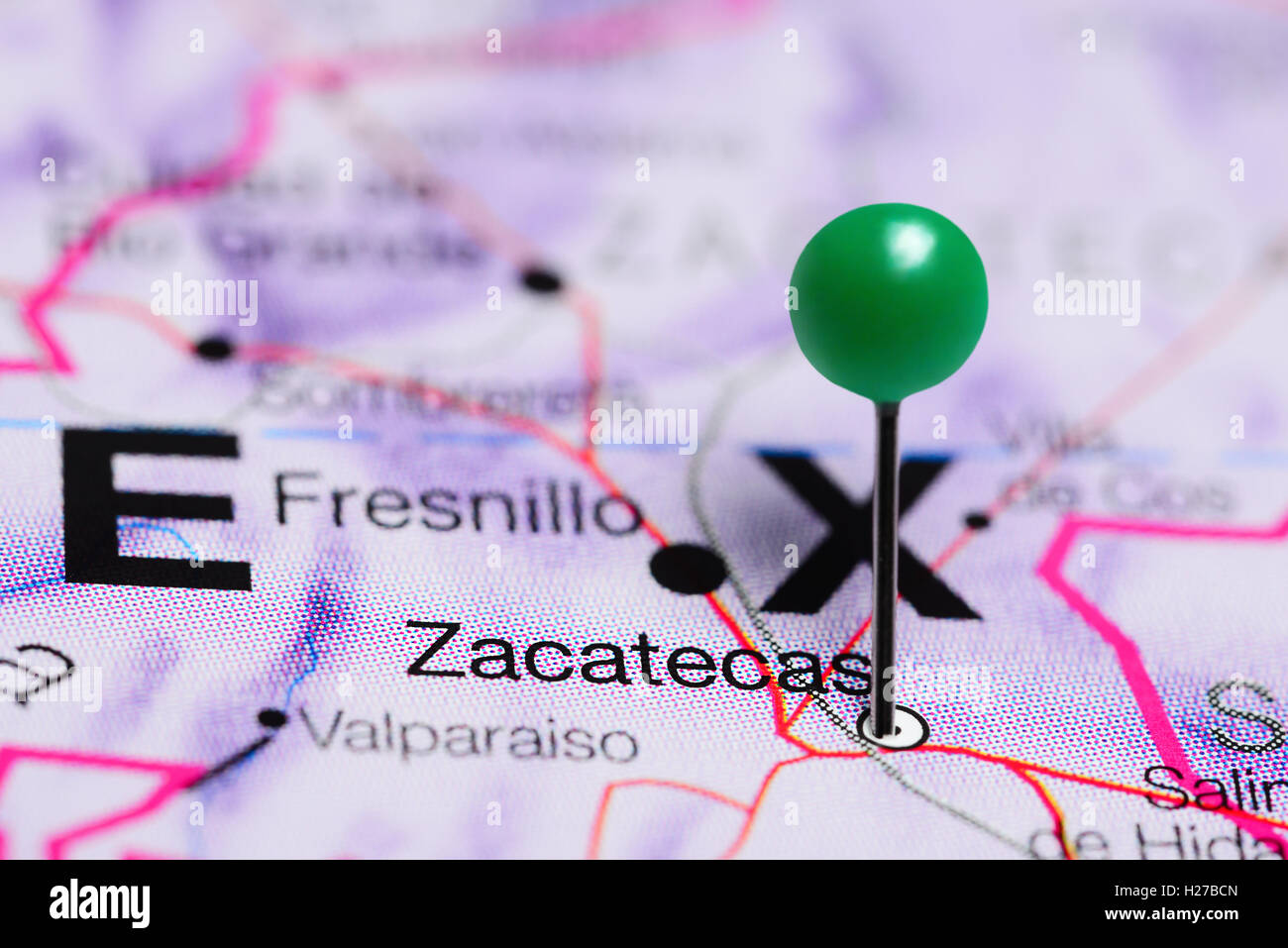 Zacatecas, fixiert auf einer Karte von Mexiko Stockfoto