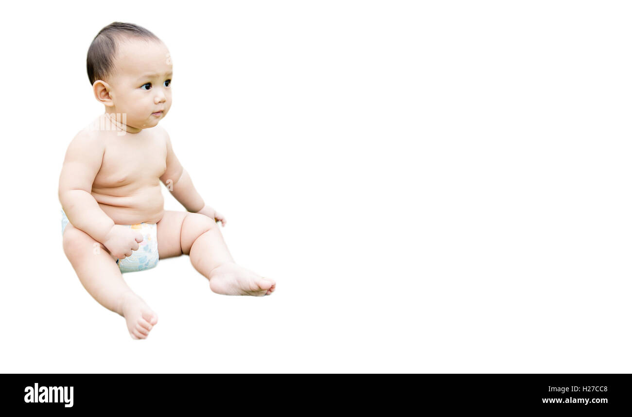 Baby-sitting auf weißem Hintergrund mit dem Raum auf der rechten Seite des Fotos Stockfoto