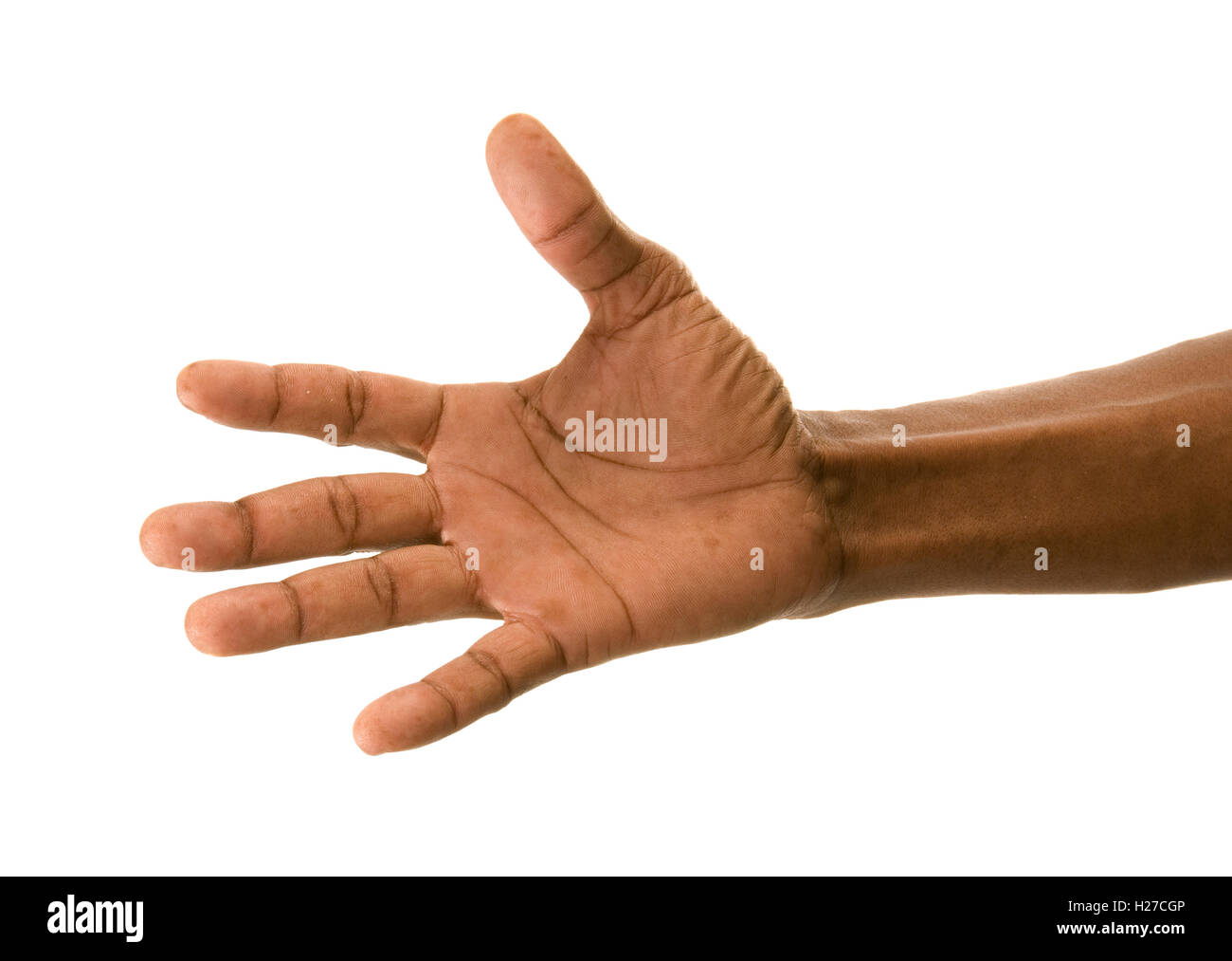 Hilfe! Afrikaners offene Hand mit ausgestreckten Fingern in Verzweiflung Stockfoto