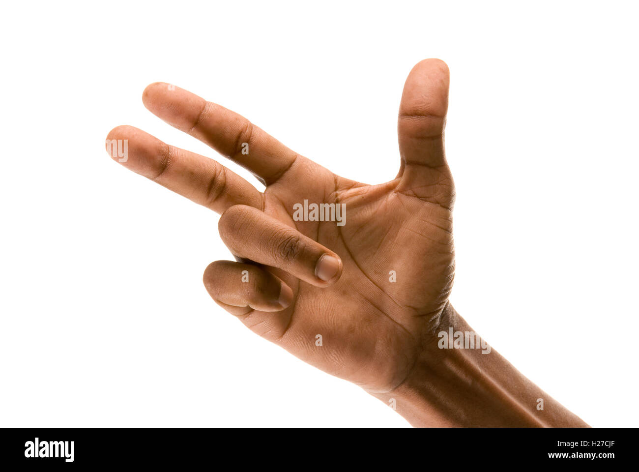 Afrikaner Hand mit zwei Fingern und Daumen nach oben Stockfoto