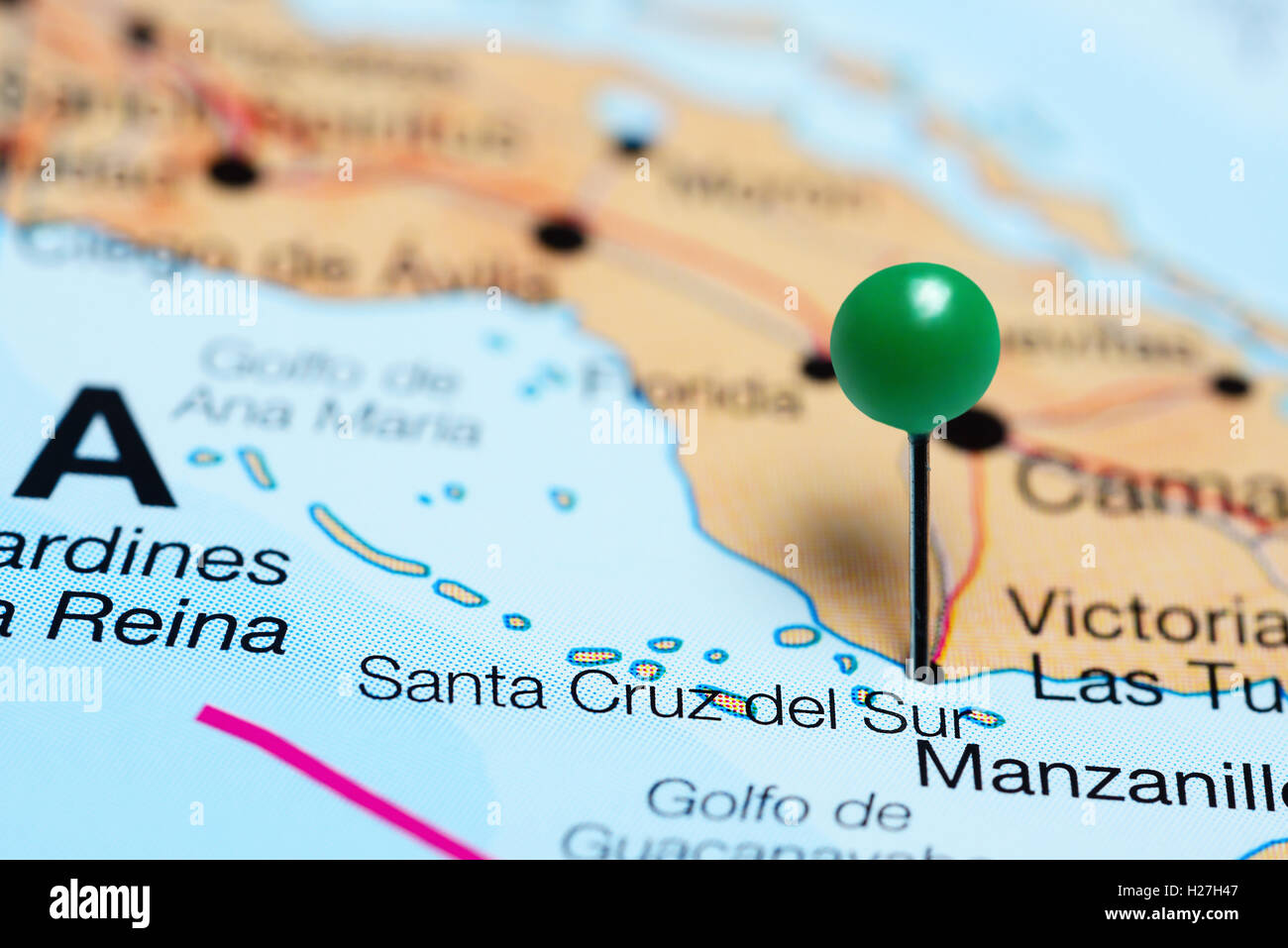 Santa Cruz del Sur, fixiert auf einer Karte von Kuba Stockfoto