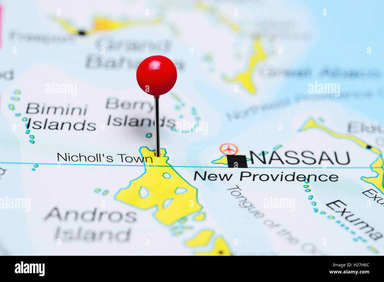 Nicholls Town, fixiert auf einer Karte von Bahamas Stockfoto