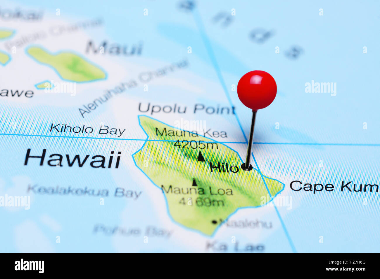Hilo, fixiert auf einer Karte von Hawaii Stockfoto