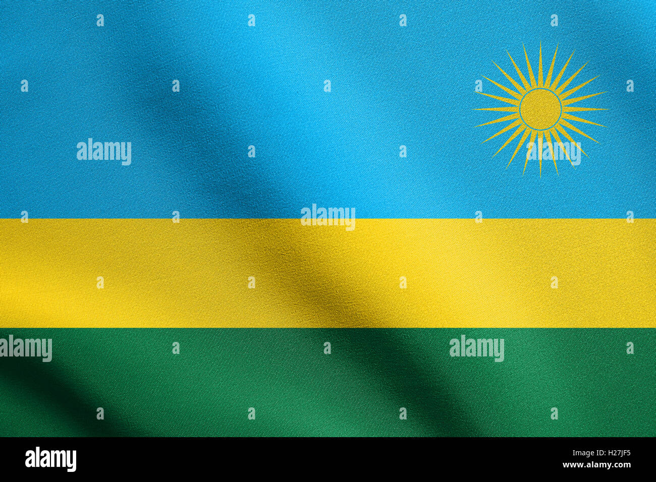 Ruandische offizielle Nationalflagge. Afrikanische patriotischen Symbol, Banner, Element, Hintergrund. Ruanda im Wind wehende Flagge Stockfoto