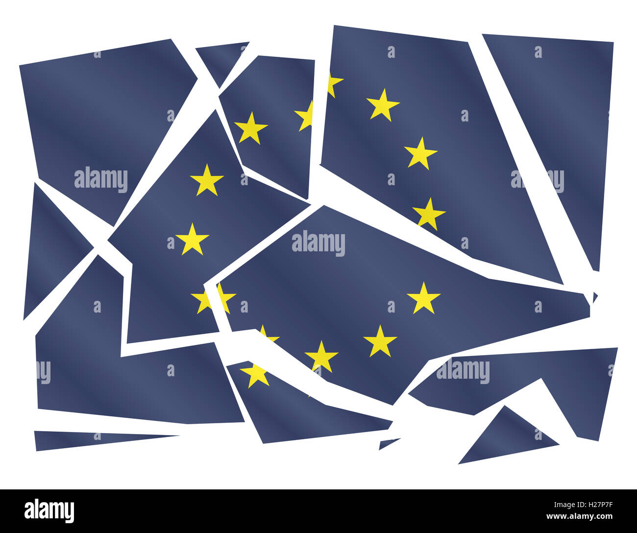 Eine gebrochene EU-Flagge auf einem weißen Hintergrund isoliert Stockfoto