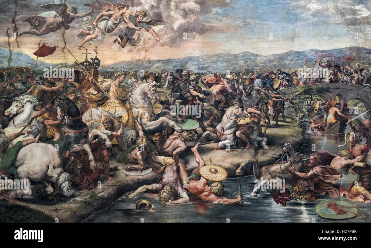 Rom. Italien. Fresko (1517-1524) der Schlacht an der Milvischen Brücke (Detail), Hall von Constantine, Vatikanischen Museen. Stockfoto
