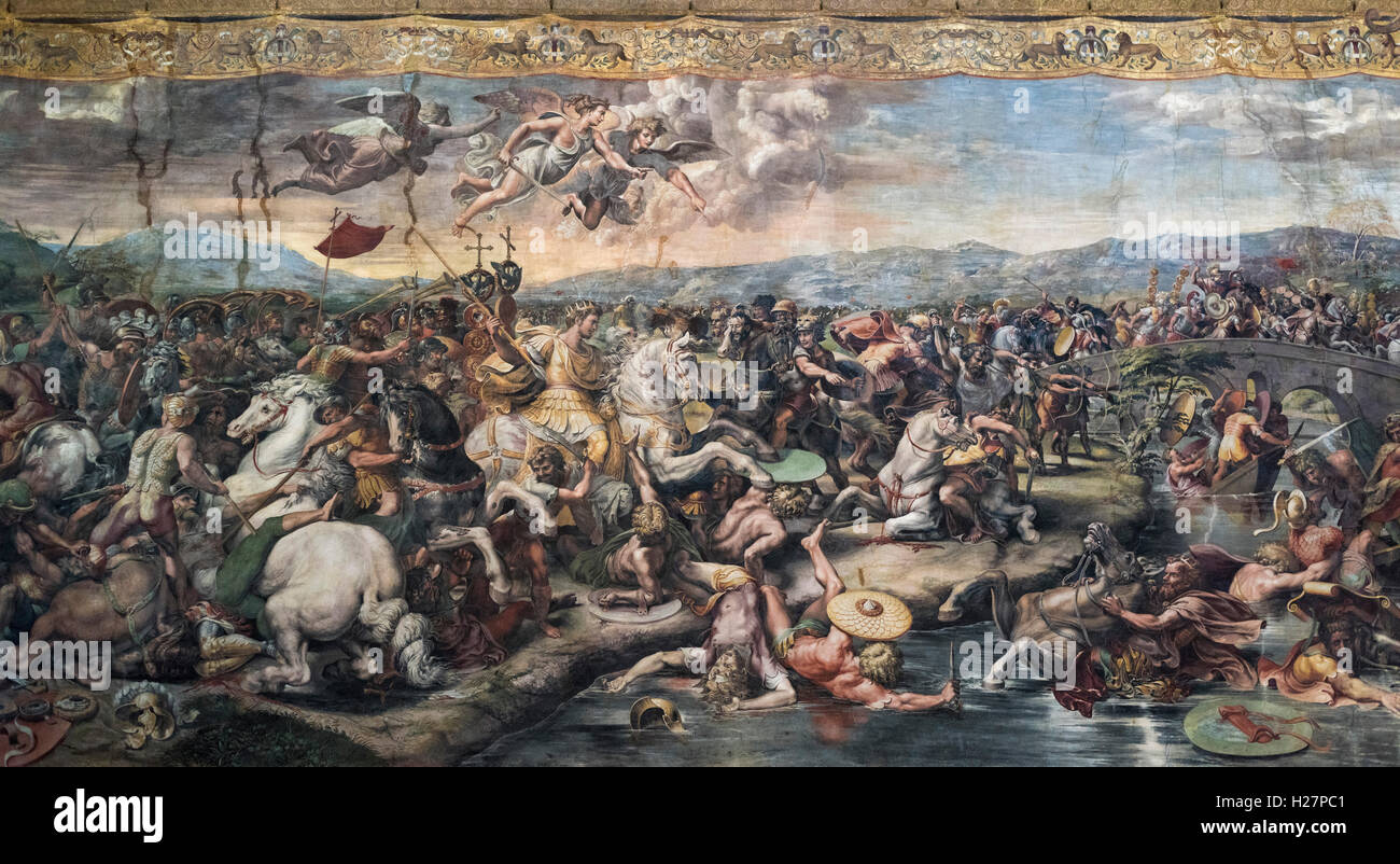 Rom. Italien. Fresko (1517-1524) der Schlacht an der Milvischen Brücke, Halle von Constantine, Vatikanischen Museen. Stockfoto