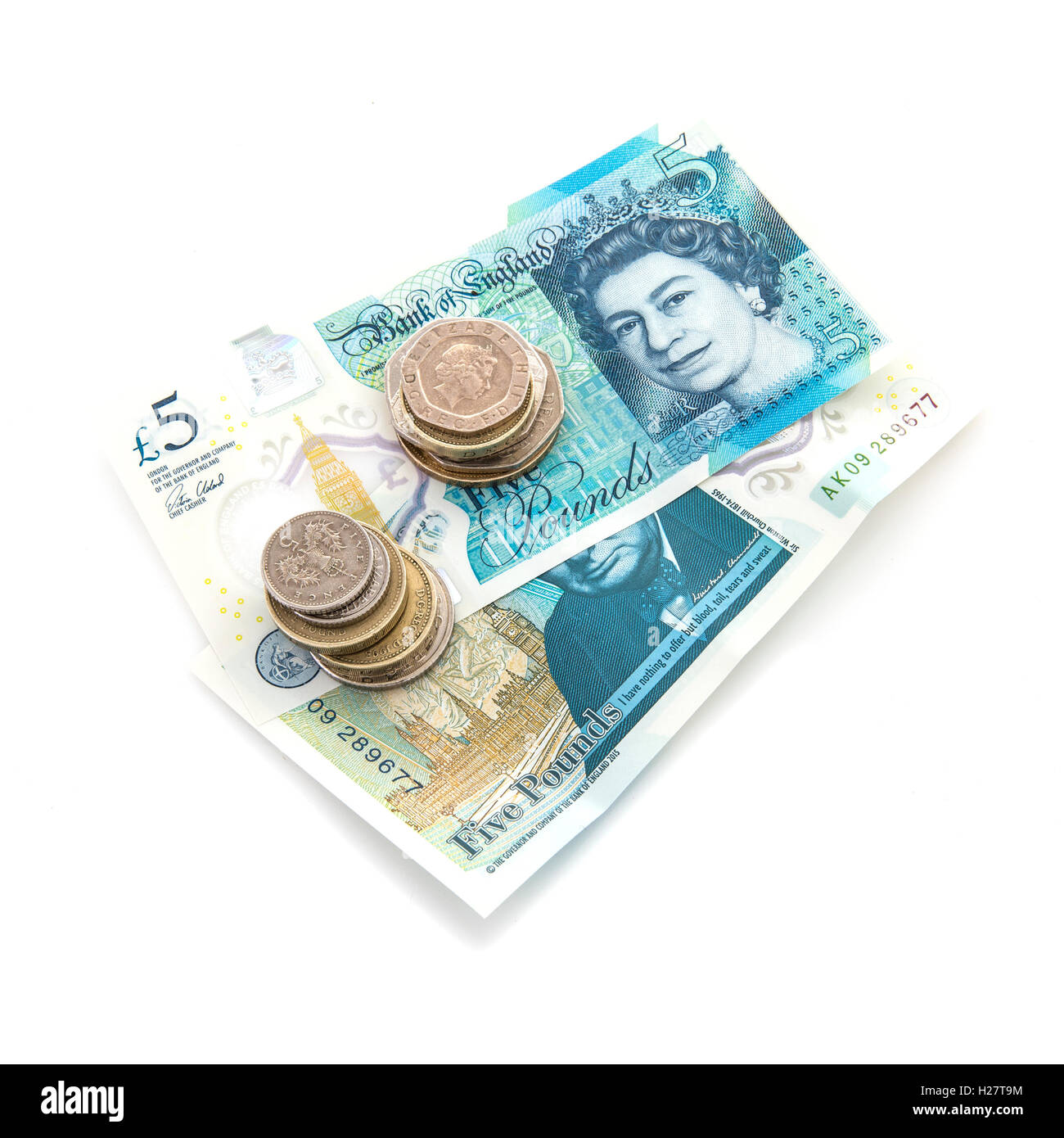 Die neue Polymer fünf Pfund (£5) Notiz mit verbesserter Fälschungsschutz mit Sir Winston Churchill Stockfoto