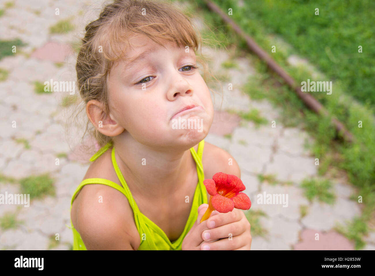 Lustiges Mädchen mit einer Blume in der Hand zog ein Gesicht zu betteln Stockfoto