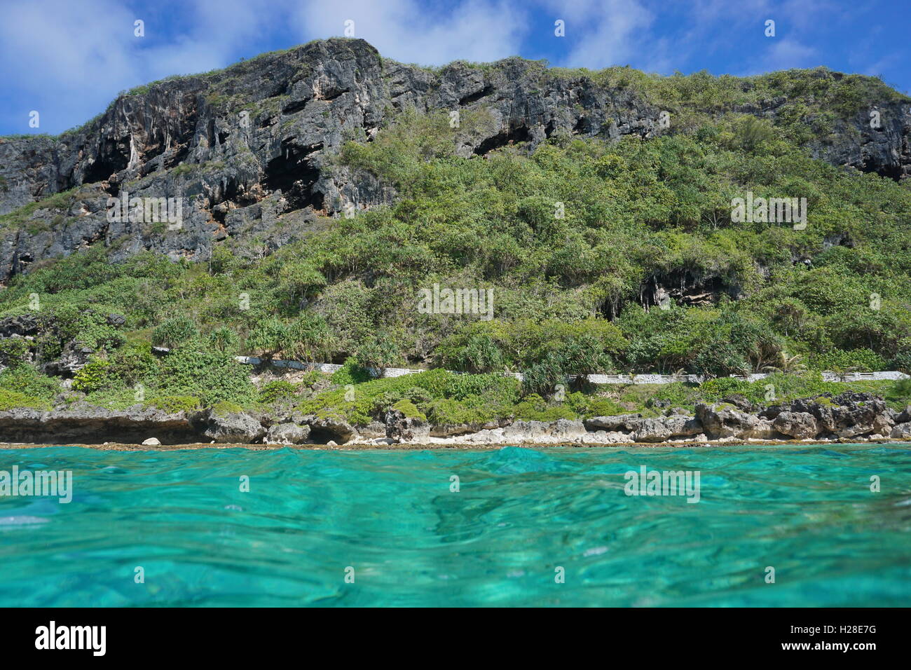Küstenlandschaft, erodierte Kalksteinfelsen mit Vegetation von der Wasseroberfläche, Pazifik, Rurutu Island gesehen Stockfoto