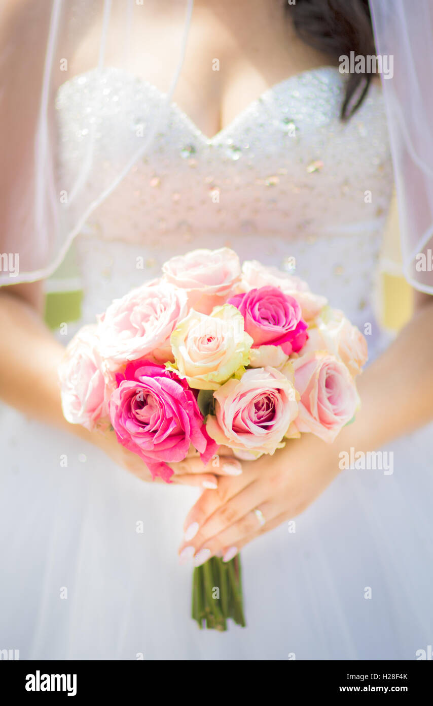 Close-up der Braut hält rosa rose bouquet Stockfoto