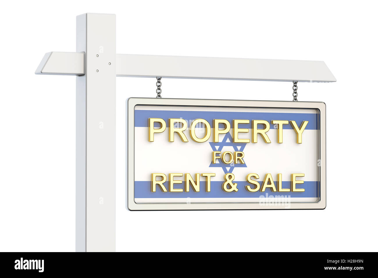 Immobilien zum Verkauf und zur Miete in Israel-Konzept. Schild von Immobilienmakler, 3D-Rendering Stockfoto