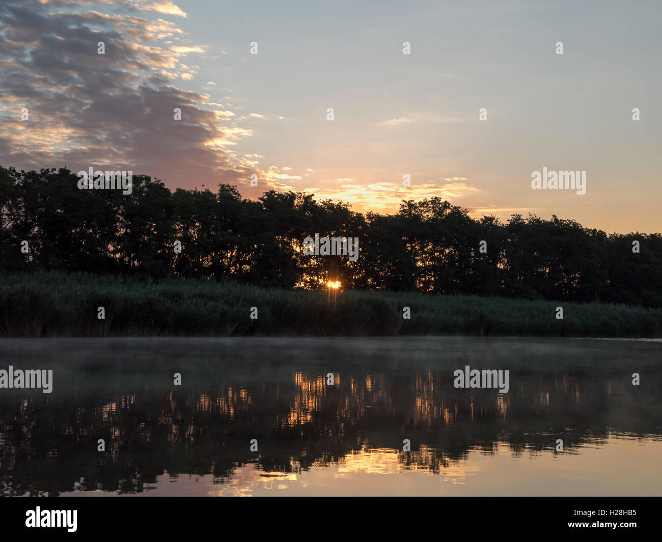 Sonnenaufgang im Fluss mit Reflex. Gespiegelte Waldgrenze am Fluss. Fantastische neblig Fluss mit frischen grünen Rasen in der sonnigen b Stockfoto