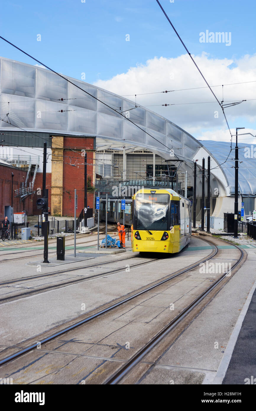 U-Bahn Straßenbahn Linien in Victoria Station in Manchester, England. Stockfoto