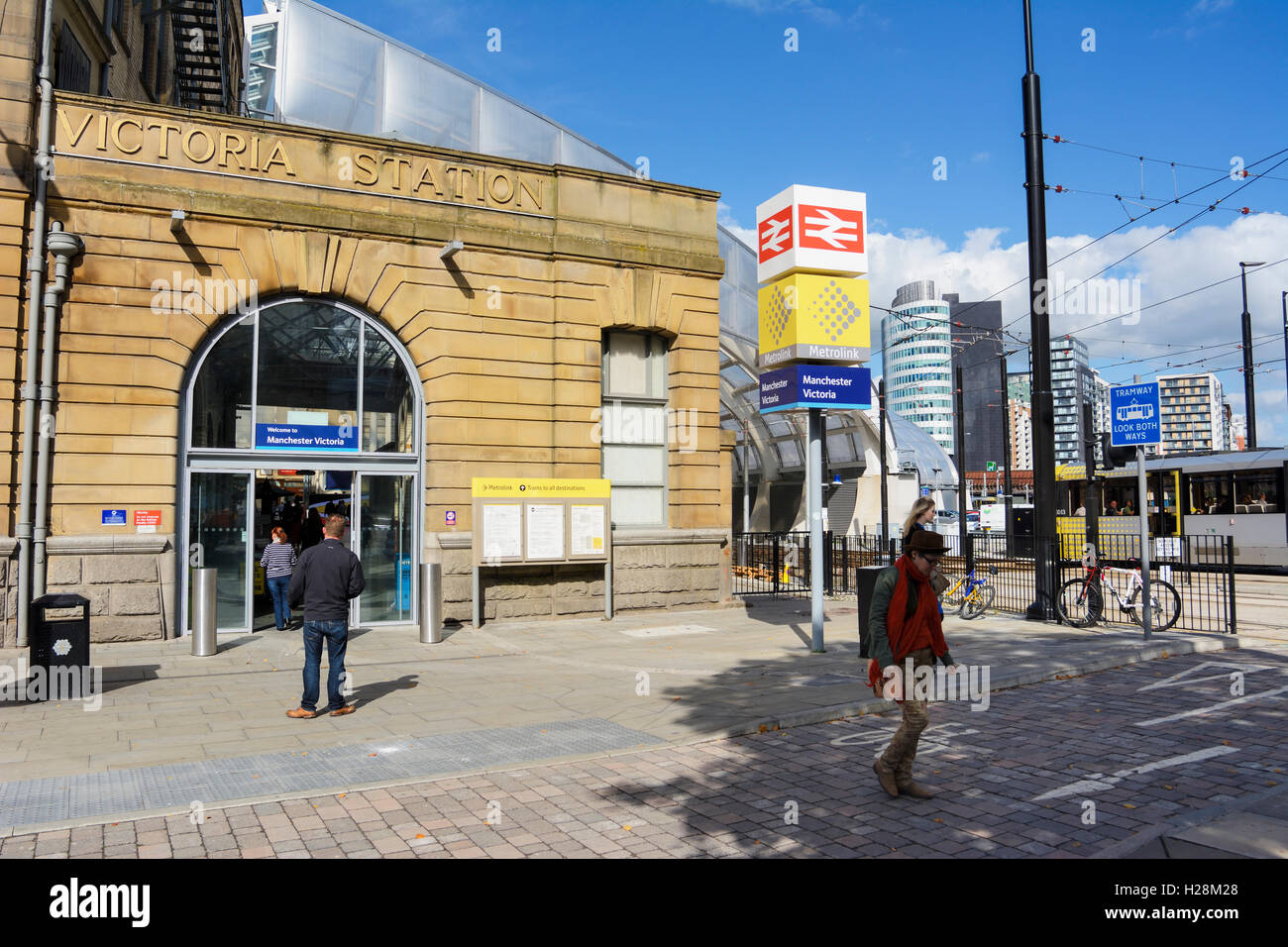 U-Bahn Straßenbahn Linien in Victoria Station in Manchester, England. Stockfoto