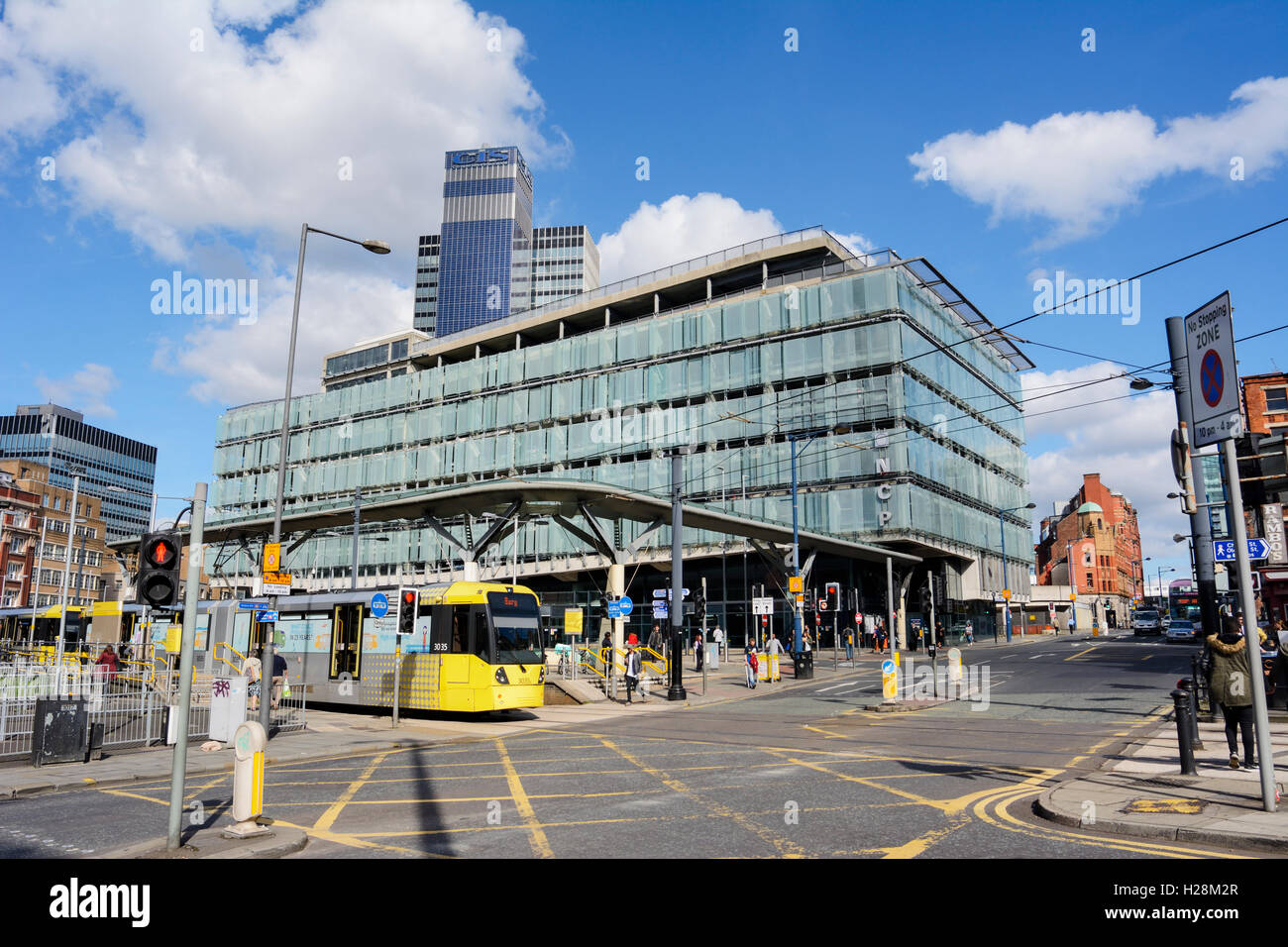 Shude Hill Busbahnhof und Metrolink Austausch in Manchester. Stockfoto