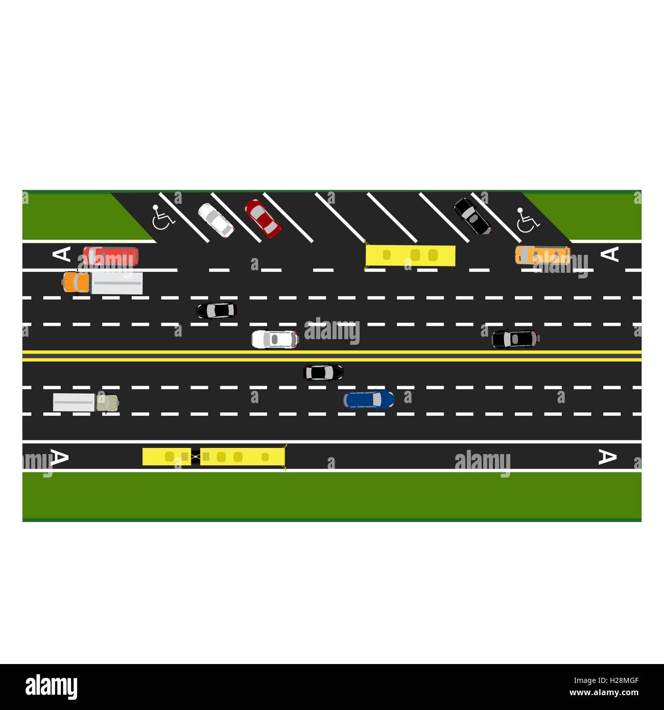 Road-Infografiken. Grundstück, Straße, Autobahn, Straße parken. Mit verschiedenen Autos. Staus und Parkkarten. Draufsicht auf die Autobahn. Abbildung Stock Vektor