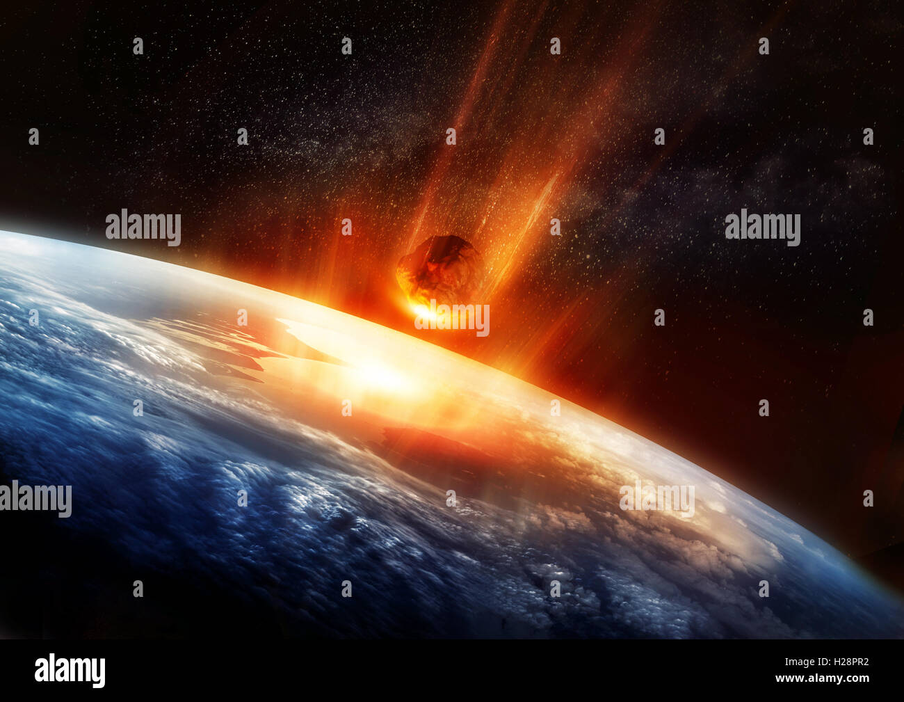 Ein großer Meteor brennt und glüht, als es die Erdatmosphäre trifft. 3D Illustration. Stockfoto