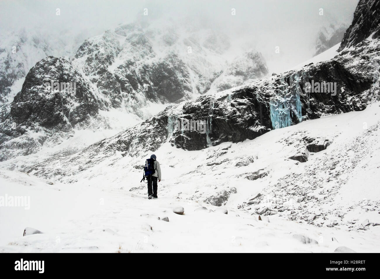 Winter-Expedition auf den Ben Nevis mit Stöcken zum Wandern Stockfoto