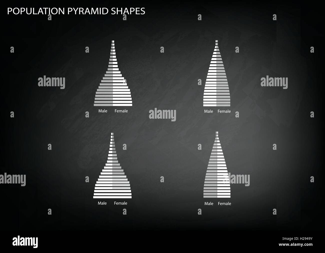 Bevölkerung und Demografie, Illustration von 4 Arten von Bevölkerung Pyramiden Diagramm oder Altersstruktur Graph auf schwarze Tafel Backg Stock Vektor