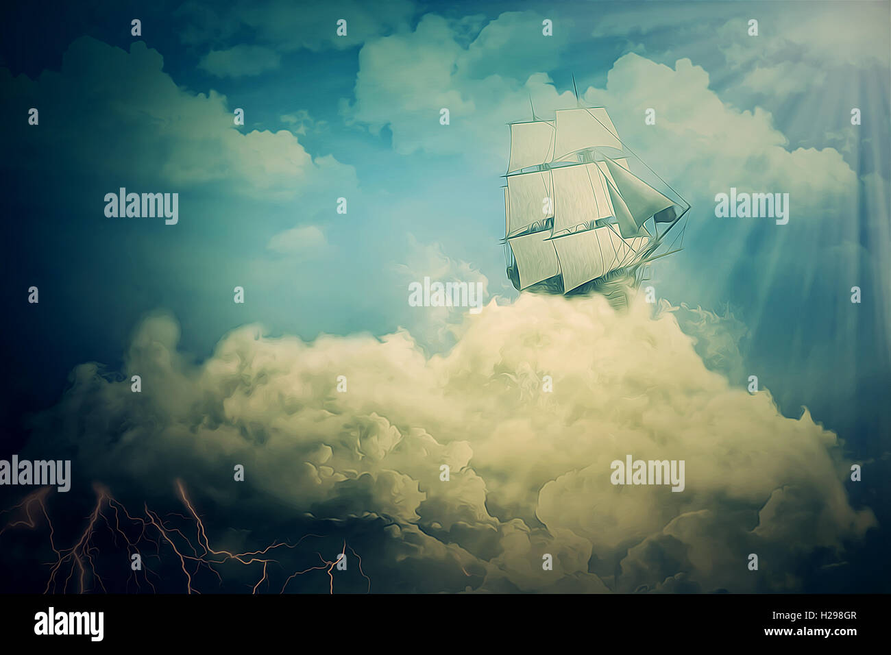 Surreale Bildschirmschoner mit einem alten Segelschiff in den Wolken Stockfoto