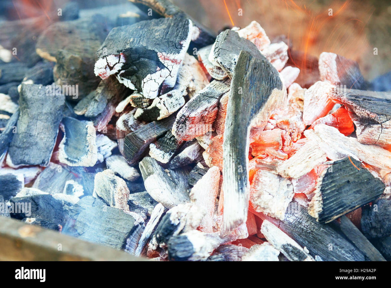 Brennende Holzkohle BBQ hautnah Stockfoto