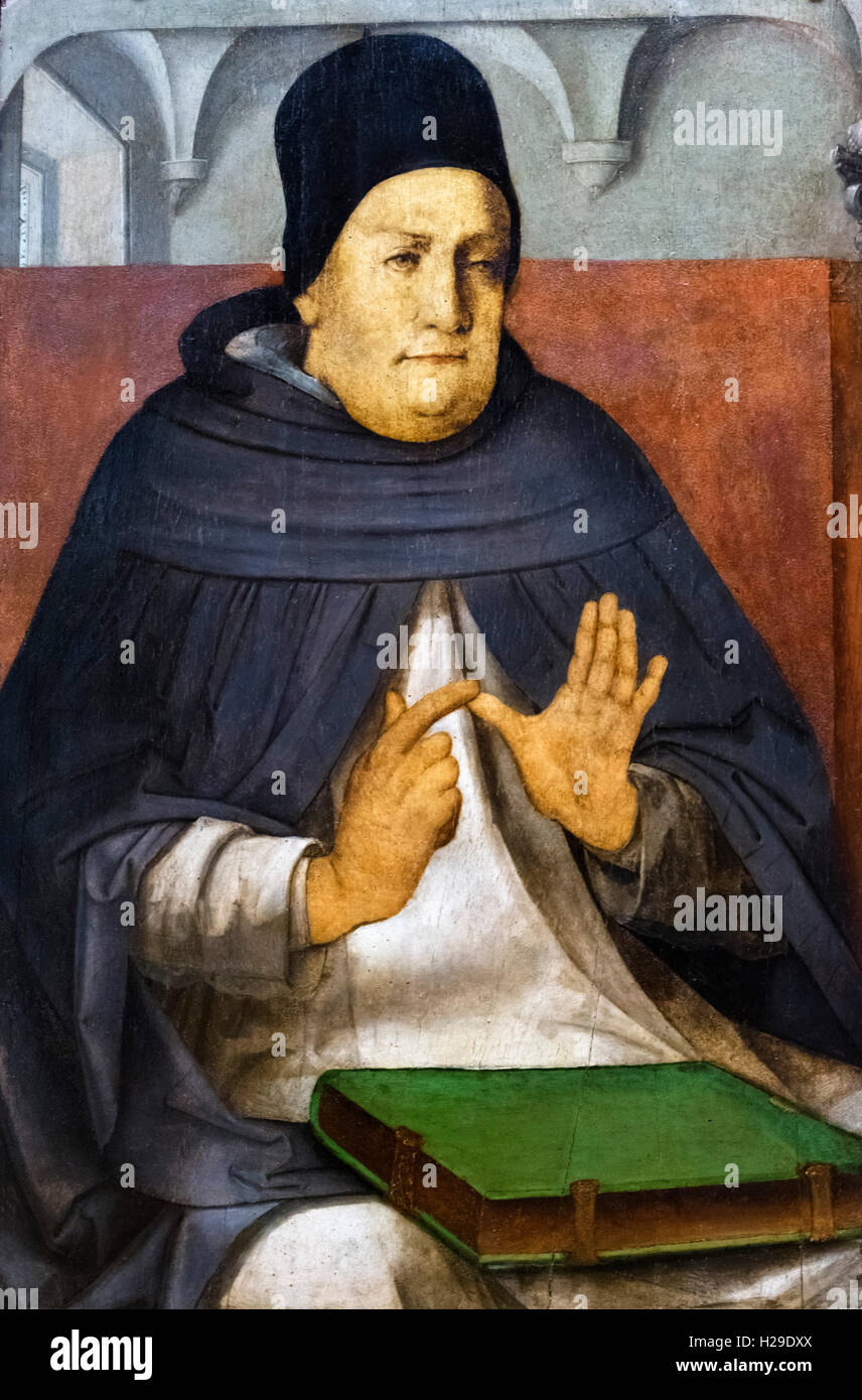 Der hl. Thomas von Aquin (1225-1274), italienischer Dominikaner mönch, Priester, Philosoph und Theologe. 15 thC Malerei vom Palazzo Ducale, Urbino, zu Justus van Gent (Joos van Wassenhove), jetzt zugeschrieben im Louvre, Paris. Stockfoto