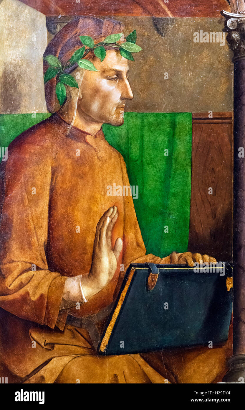 Dante Alighieri (1265-1321), ein italienischer Dichter und Staatsmann des späten Mittelalters. Ein 15.Jh. Gemälde aus der Palazzo Ducale, Urbino, zugeschrieben Justus van Gent (Joos van Wassenhove), jetzt im Louvre, Paris. Stockfoto