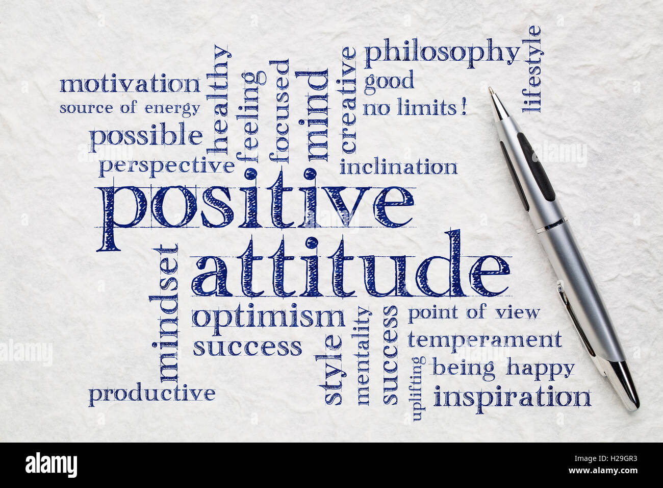 positive Einstellung Wortwolke - Handschrift auf einen weißen Lokta Papier Wit einen Stift Stockfoto