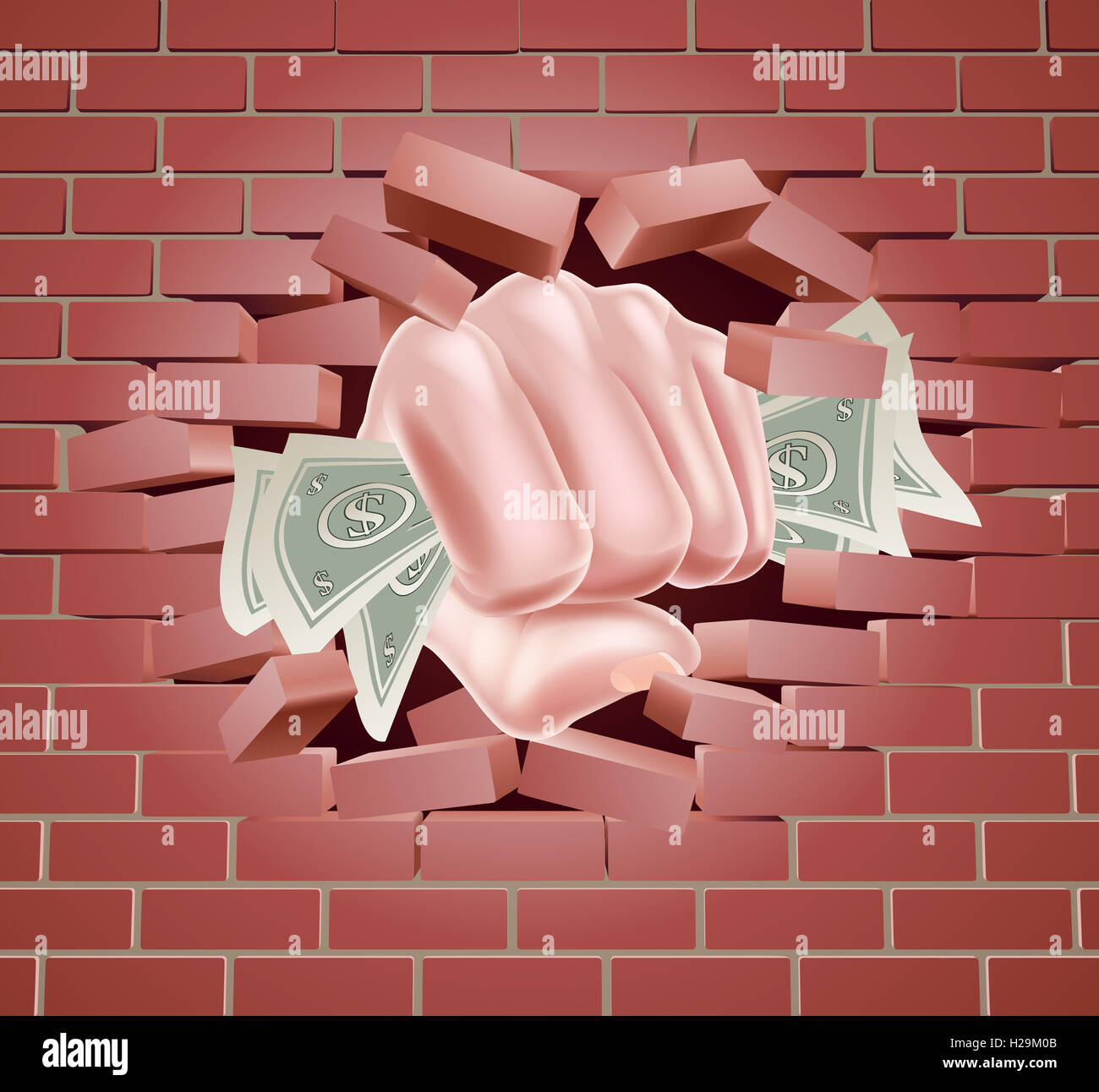 Hand in der Faust halten von Bargeld Geld Dollarscheine Durchstanzen einer roten Backsteinmauer Stockfoto