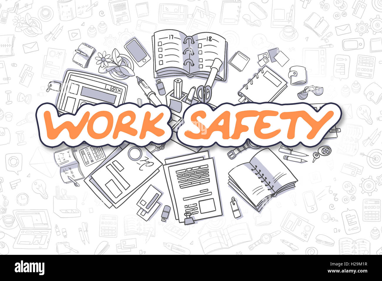 Arbeitssicherheit - Cartoon Orange Wort. Business-Konzept. Stockfoto