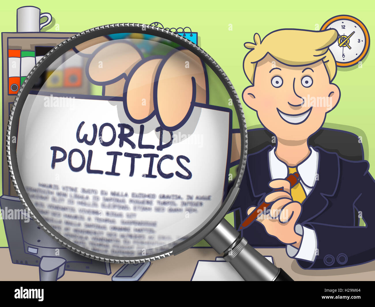 Weltpolitik durch Linse. Doodle-Design. Stockfoto