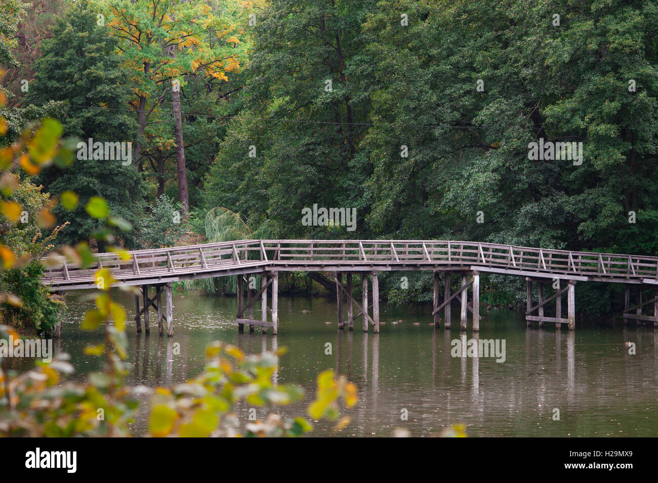 Hölzerne Brücke über den Fluss im Sommerpark Stockfoto