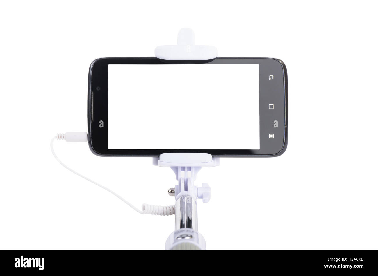 Smartphone auf einem Selfie Stick isoliert auf weißem Hintergrund Stockfoto