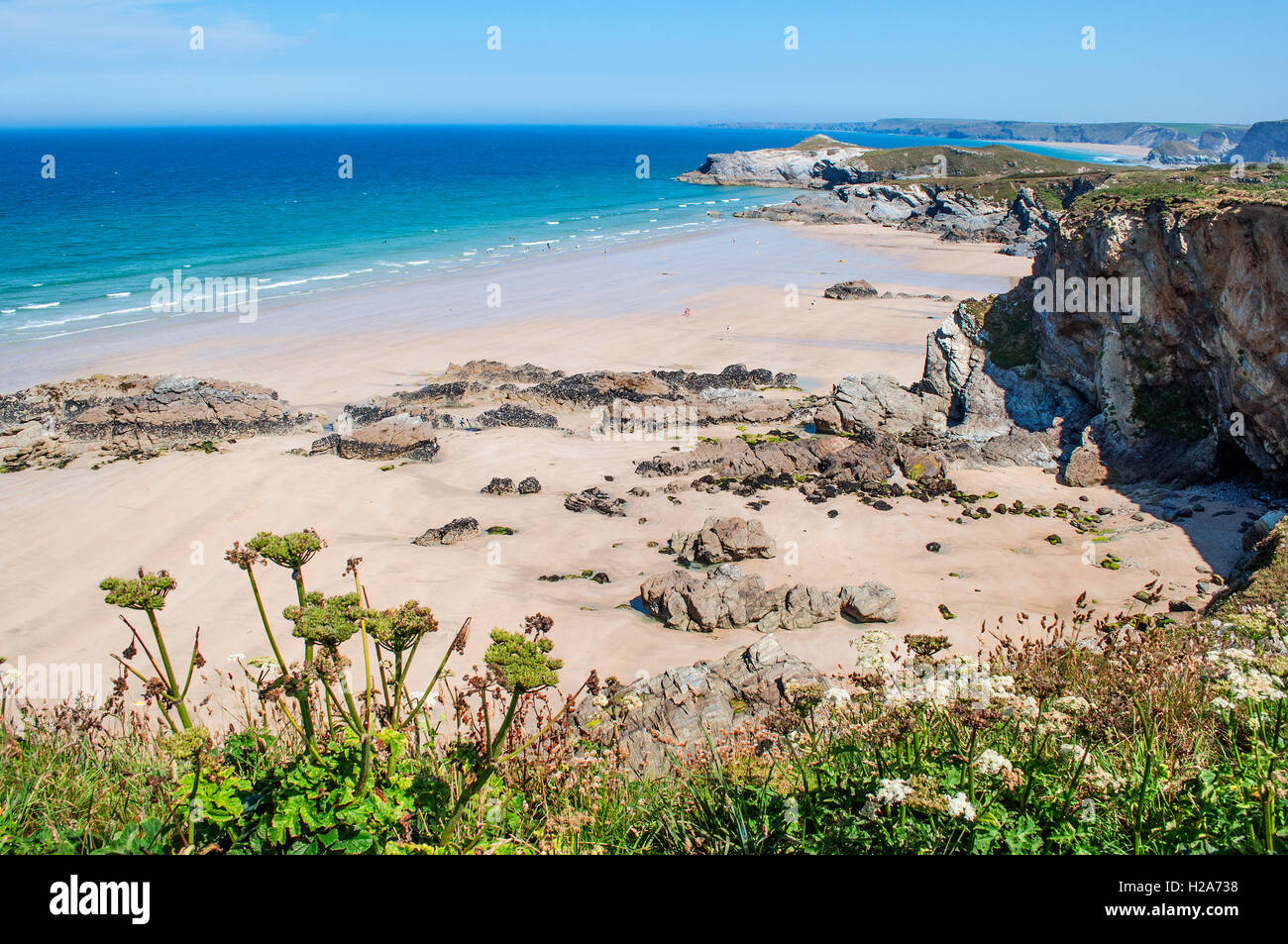 Lusty Glasur ein Privatbesitz Strand von Newquay in Cornwall, England, UK Stockfoto
