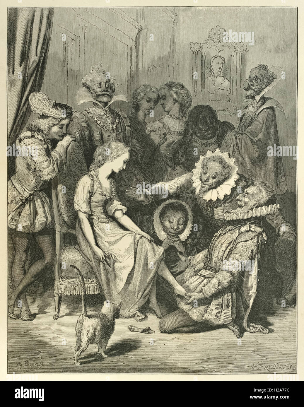 „Ohne Umschweife rutscht er in den Schuh!“ Illustration aus „Cinderella“ von Paul Gustave Doré (1832-1883). Fotografie einer Original-Lithografie, veröffentlicht 1866. Kredit: Privatsammlung / AF Fotografie Stockfoto