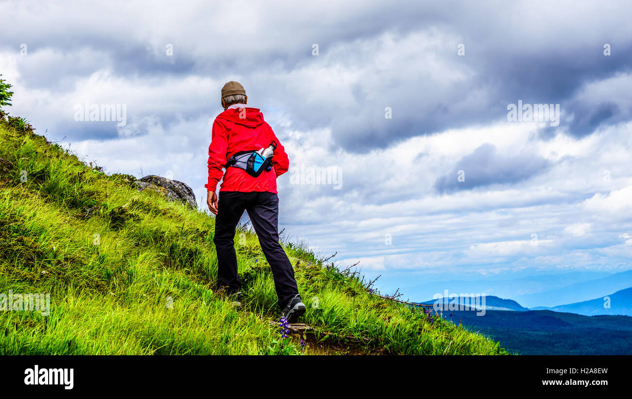 Senior-Frau Wandern steil bergauf auf einer Wanderung zum Tod Mountain in der Shuswap-Hochland von Britisch-Kolumbien, Kanada Stockfoto