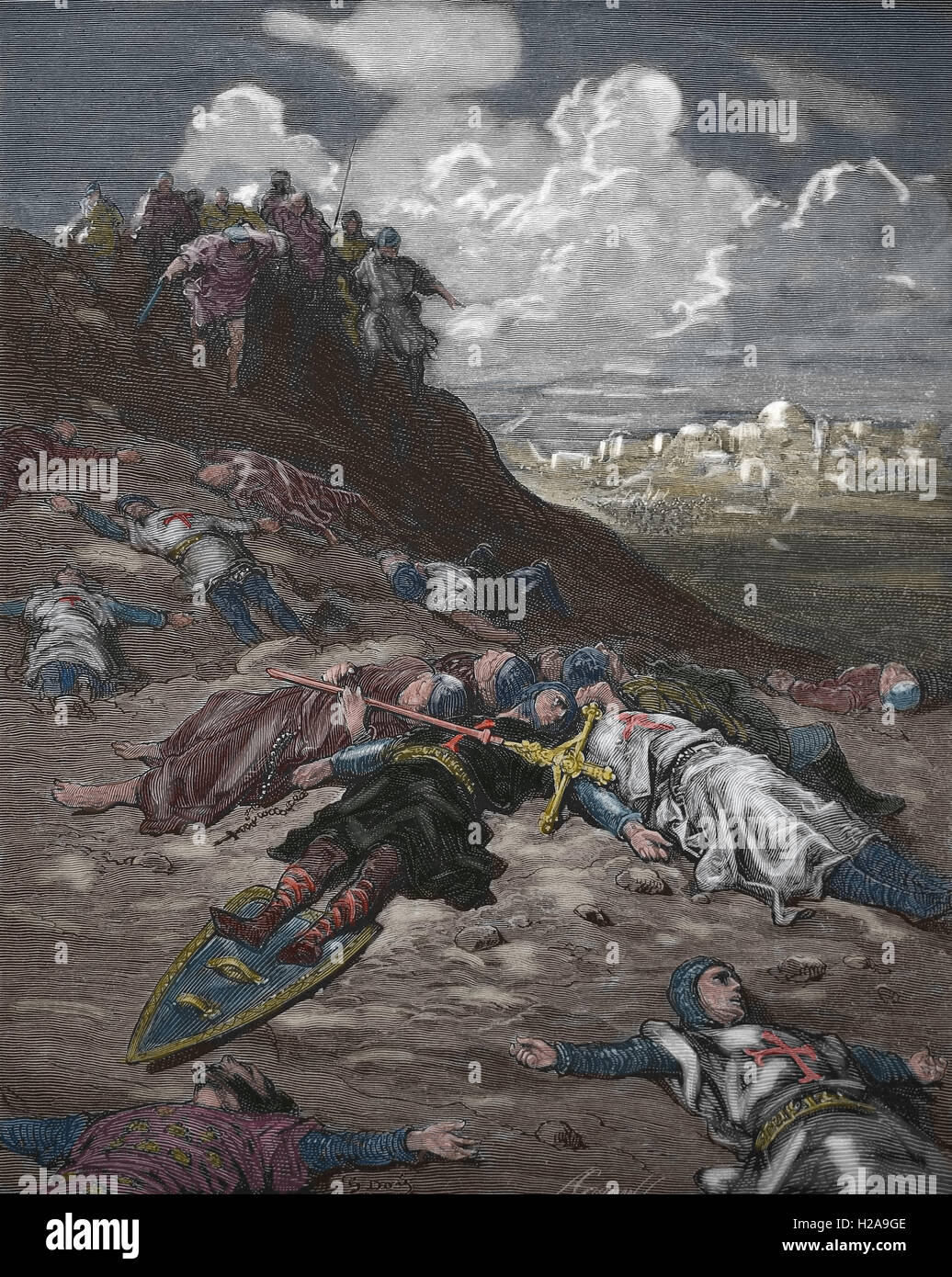 Tod von Friedrich i. von Deutschland. Frederich von Deutschland. 3. Kreuzzug (1189-1192). Stich von Gustave Dore, 19. Jahrhundert.  Farbe Stockfoto