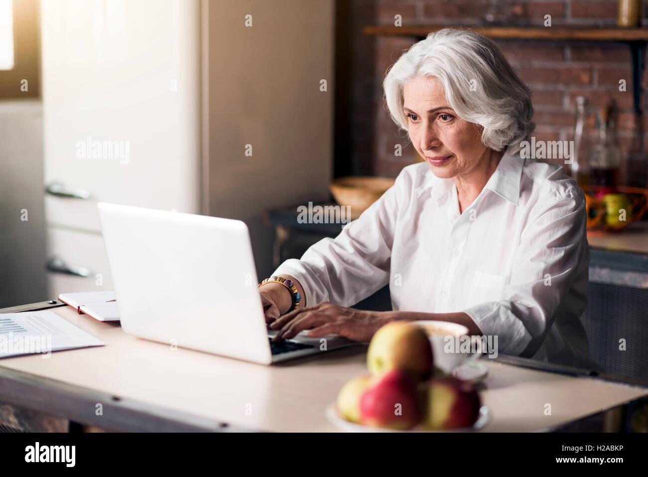 Alte gut aussehende Dame mit ihrem laptop Stockfoto