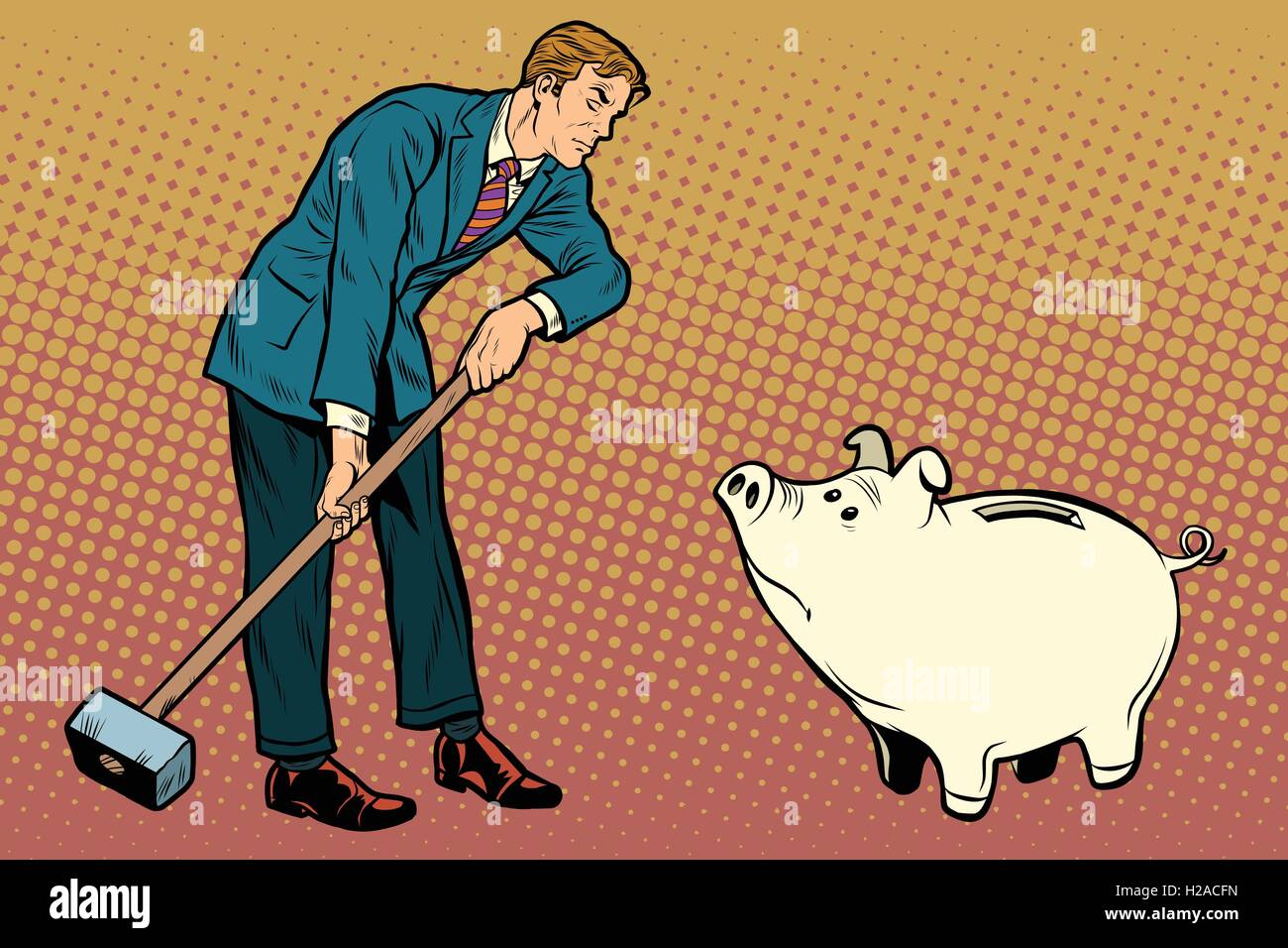 Retro-Geschäftsmann will brechen die niedlichen Sparschwein Stock Vektor