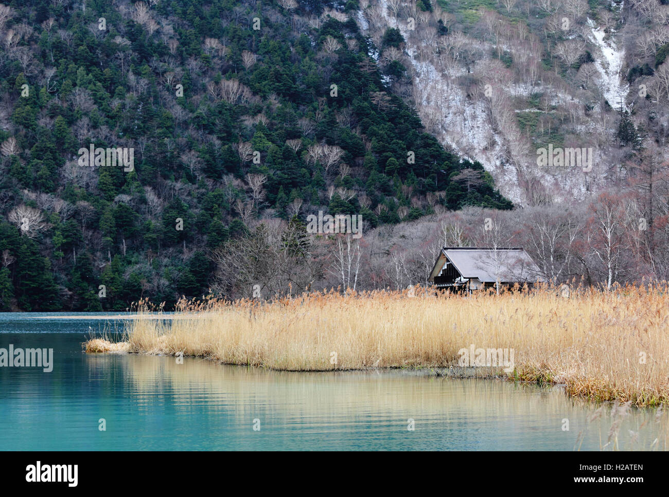 Schönen See mit Holzhaus Stockfoto