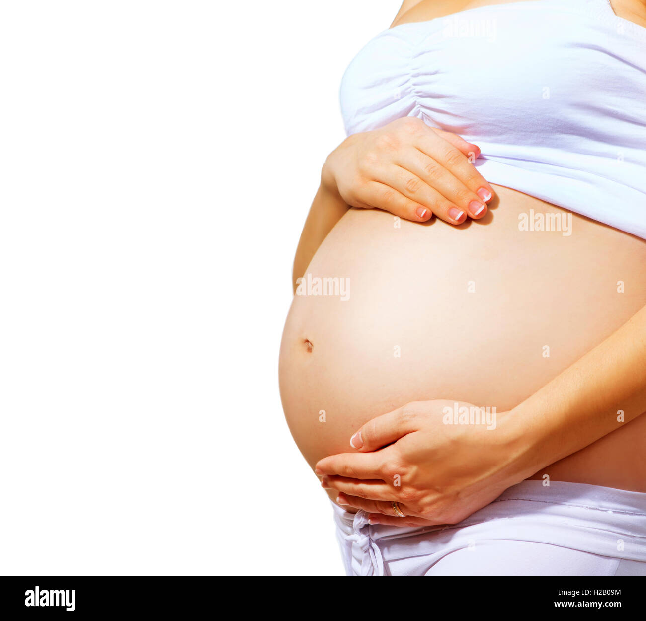 Schwangeren Bauch. Schwangerschaft-Konzept. Isolated on White Stockfoto