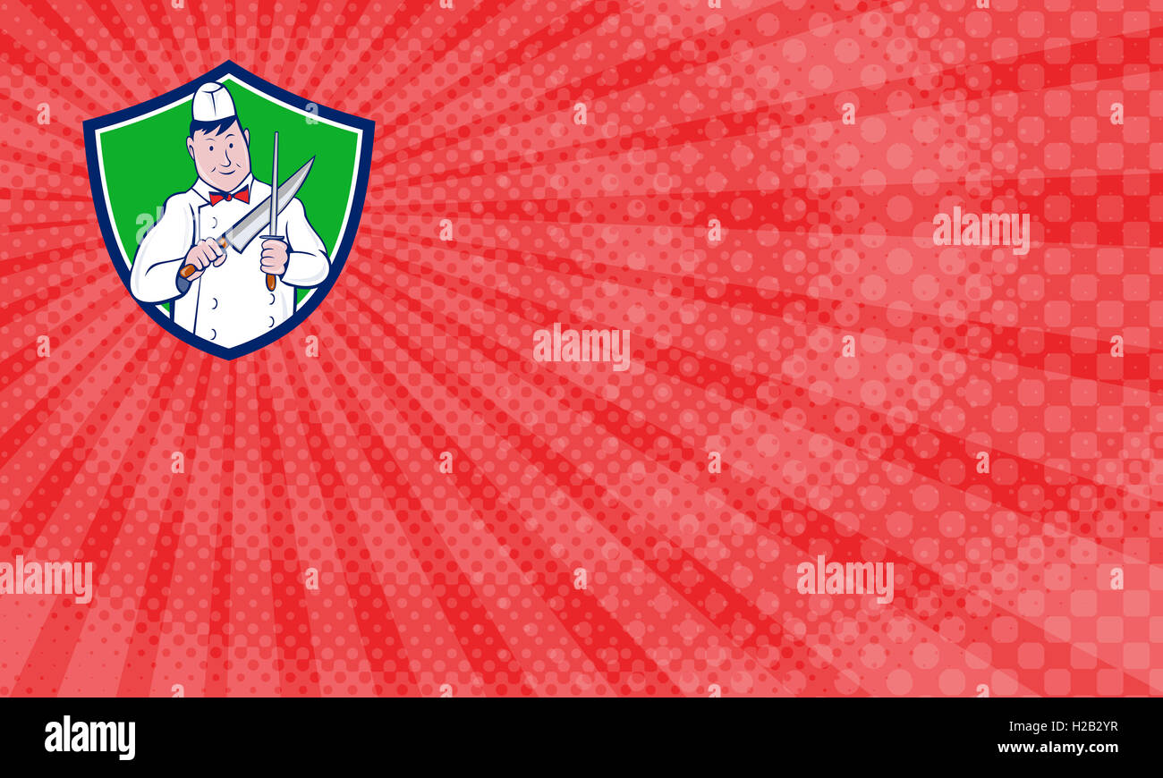 Visitenkarte zeigt Abbildung eines Metzger Fräser Arbeitnehmers schärfen Messer von vorne Satz innen Schild Wappen auf isolierte Hintergrund getan im Cartoon-Stil betrachtet. Stockfoto